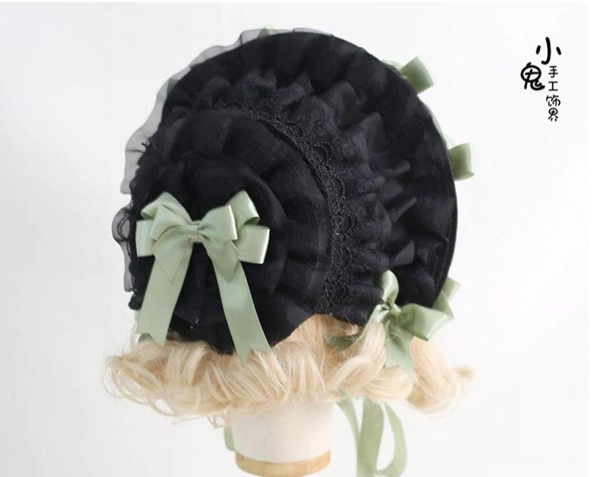 Dark blue lolita lace bonnet hat with elegant dark blue satin bows black ruffled trim classic design