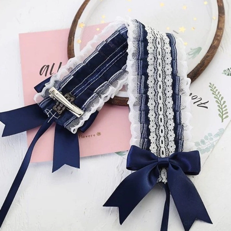 Dark blue secure lolita lace headdress with dual metal clips ensuring slip-proof fit for dynamic movement and photography