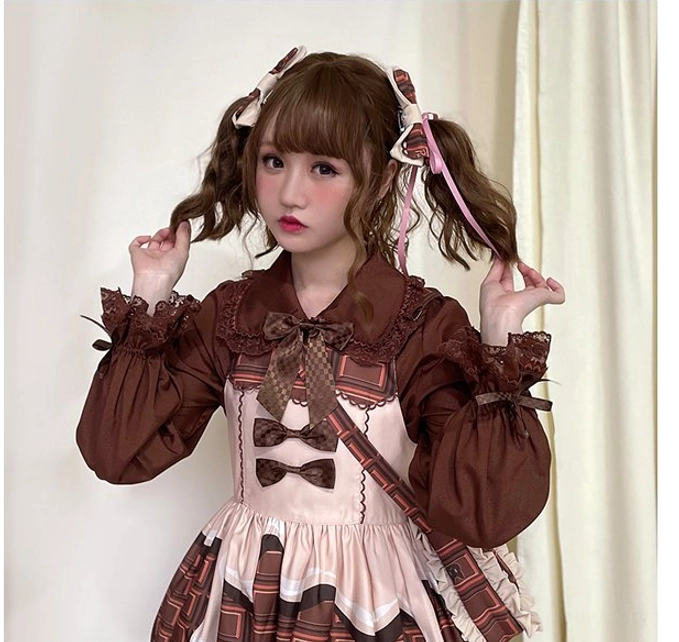 Dark brown Chocolate Heart Lolita long-sleeve blouse close-up portrait shot on model showing ruffled Peter Pan collar and lantern sleeves details