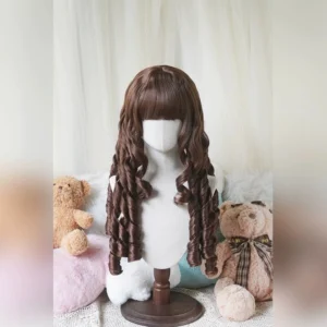 Dark brown curly Lolita wig with neat blunt fringe and tight spiral curls, displayed on mannequin showing front view of rich chocolate-brown coloring and doll-like Roman wave texture ideal for Lolita fashion