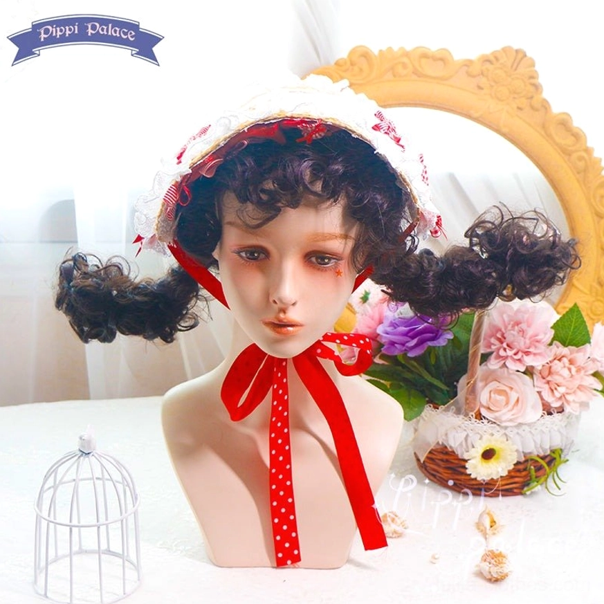 Dark brown curly twin-tail lolita wig with red polka-dot ribbon bow and lace-trimmed vintage bonnet on mannequin head