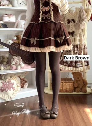 Dark brown fleece-lined lolita tights front lower-body display with brown leather loafers and classic lolita dress in vintage boutique