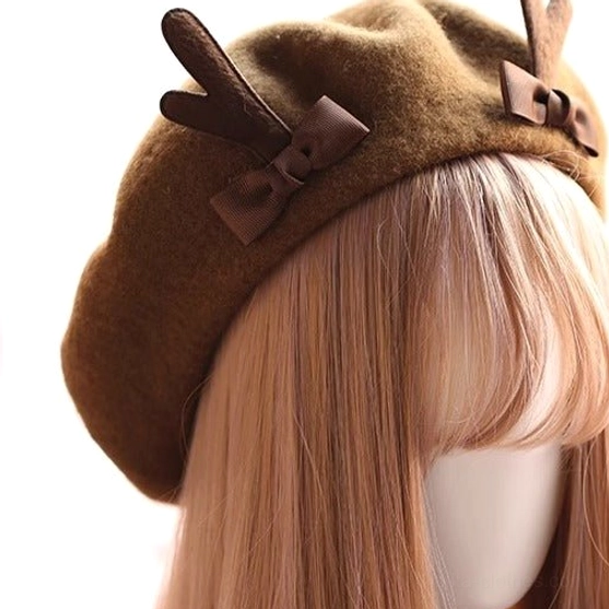 Coffee dark brown fuzzy wool texture deer horn beret with bow lolita accessory close-up view