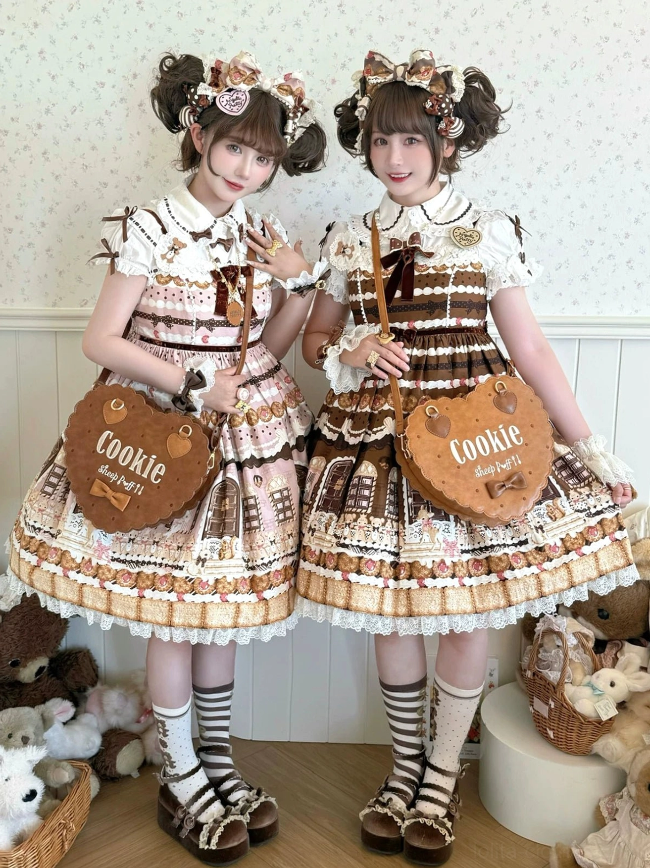 Heart cookie shaped lolita handbag with scalloped edges and embroidered lettering displayed in dark brown color variant