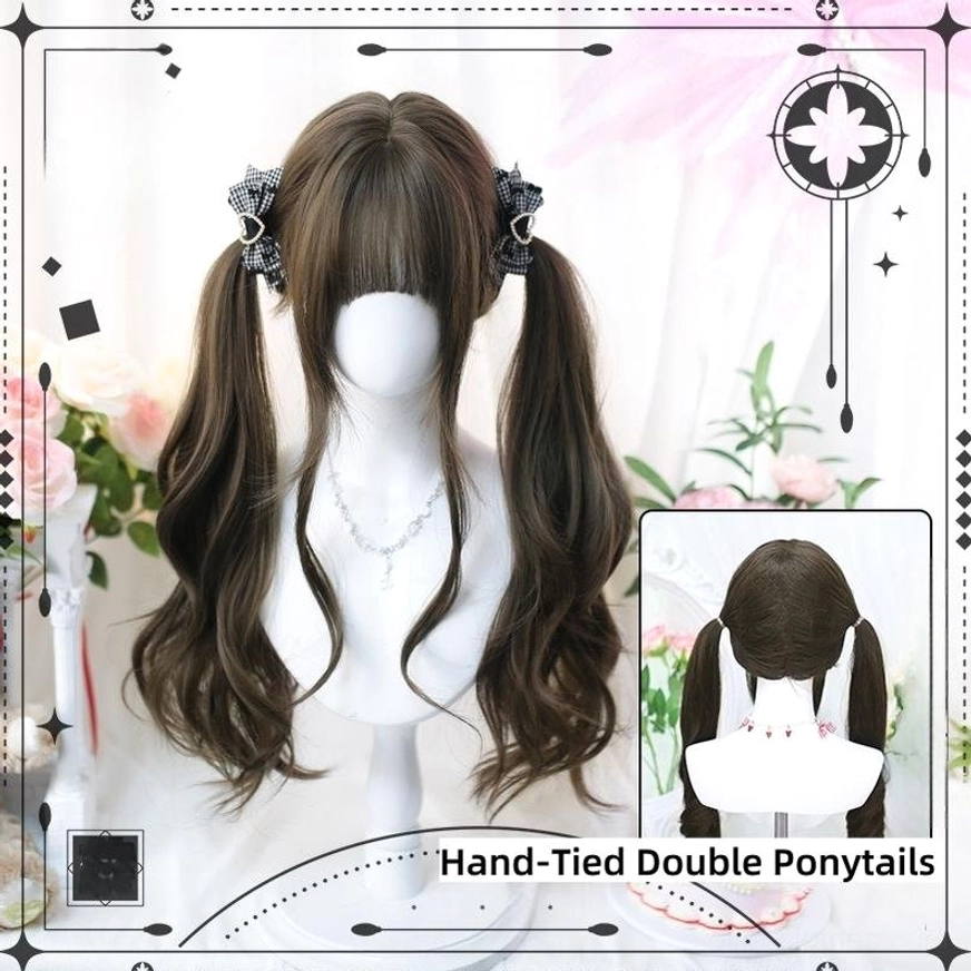 Dark brown lolita double ponytails wig with checkered pattern bows long wavy hair silver necklace styling