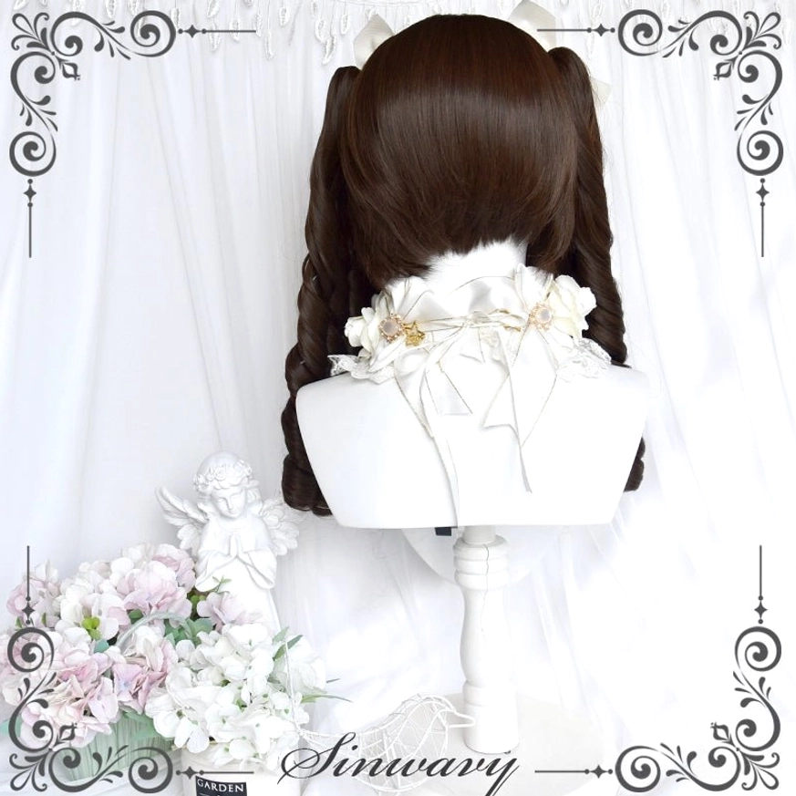 Dark brown double ponytail roman curly classic lolita wig back view showing double ponytail structure and lace collar display accessory