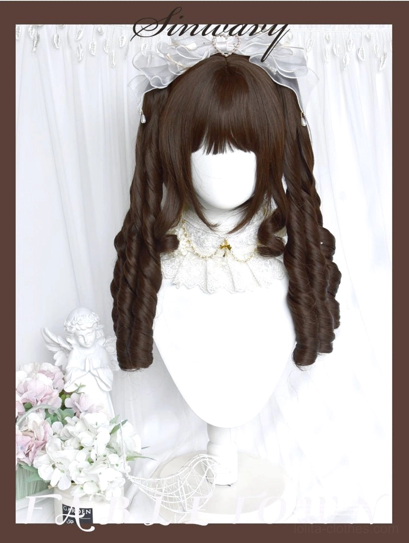 Dark brown double ponytail roman curly classic lolita wig with silver grey top bow accessory, framed with brown border, front display