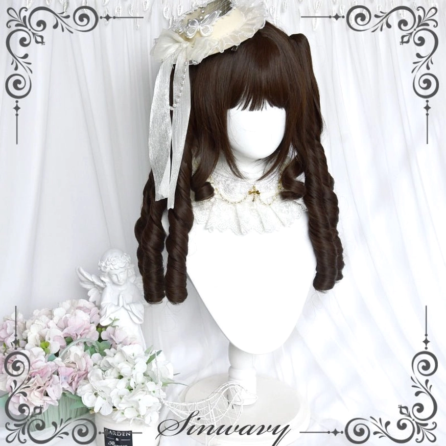 Dark brown double ponytail roman curly lolita wig decorated with ivory veil and ribbon headpiece, front view on display with white backdrop