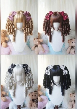 Dark brown Lolita detachable ponytail wig with red polka-dot twin hair bows and spiral ringlet curls displayed on mannequin head with plush toy background