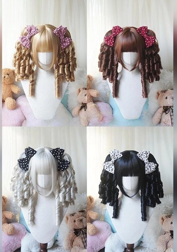 Dark brown Lolita detachable ponytail wig with red polka-dot twin hair bows and spiral ringlet curls displayed on mannequin head with plush toy background