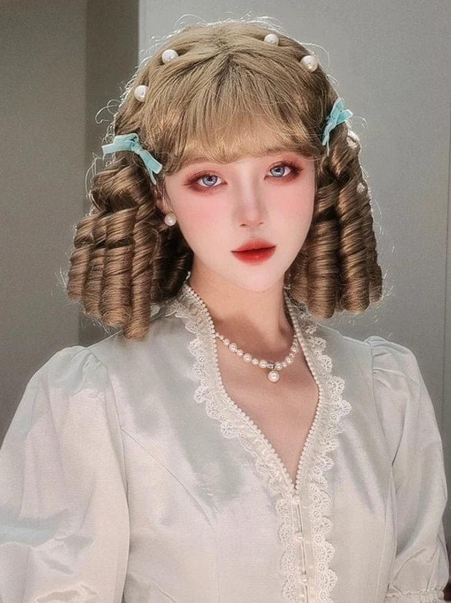 Dark brown long lolita curly wig natural ringlet curls neat bangs purple hair clips white lace dress