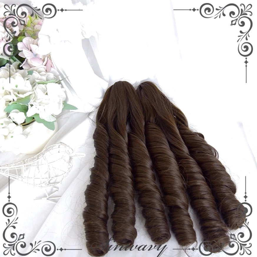 Dark brown roman curly ponytail pair for lolita wig, handmade sideburn details with vintage ringlet curls and authentic styling