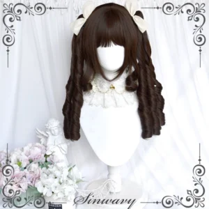 Dark brown double ponytail roman curly classic lolita wig with cream white side bows, front view on mannequin head with white backdrop and pink flower arrangement