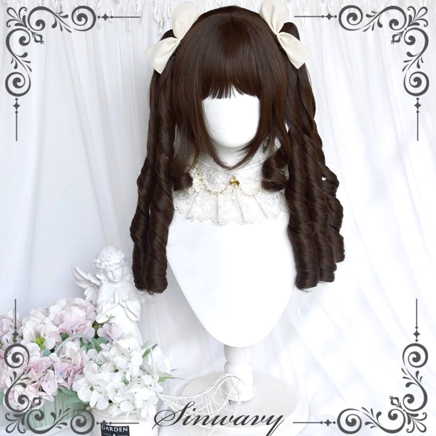 Dark brown double ponytail roman curly classic lolita wig with cream white side bows, front view on mannequin head with white backdrop and pink flower arrangement