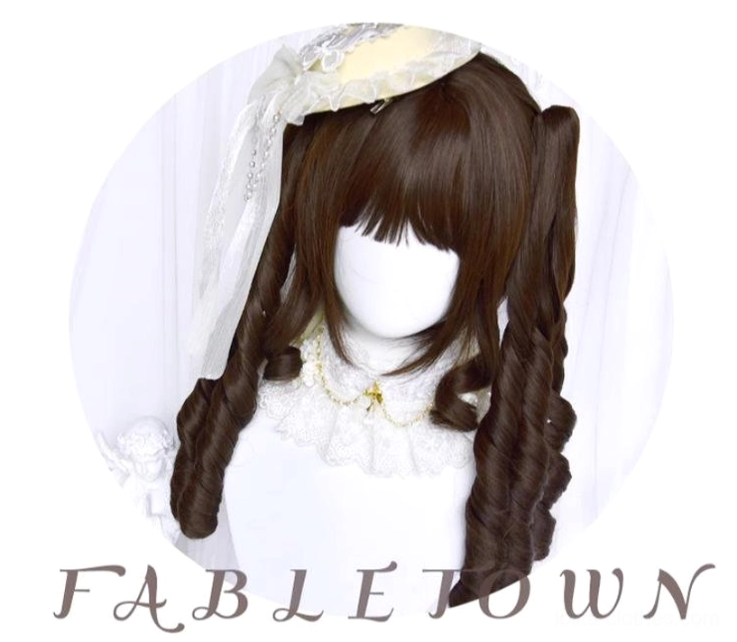 Dark brown double ponytail roman curly lolita wig three-quarter front view decorated with ivory veil headpiece, circular white backdrop