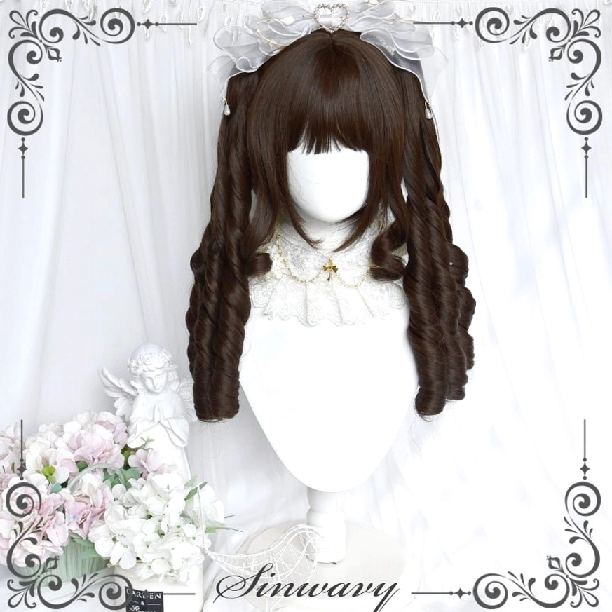 Dark brown double ponytail roman curly classic lolita wig fitted with large silver grey top bow hair accessory, mannequin front display