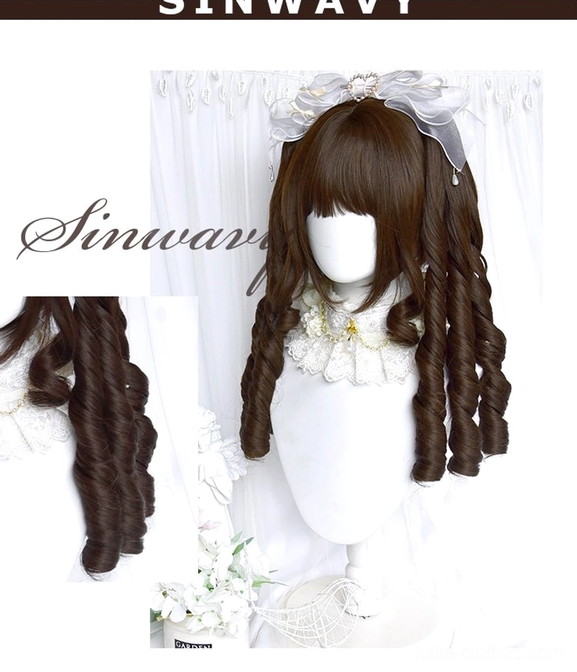 Dark brown double ponytail roman curly lolita wig front view and close-up curly hair texture detail, showing spiral ringlet curls