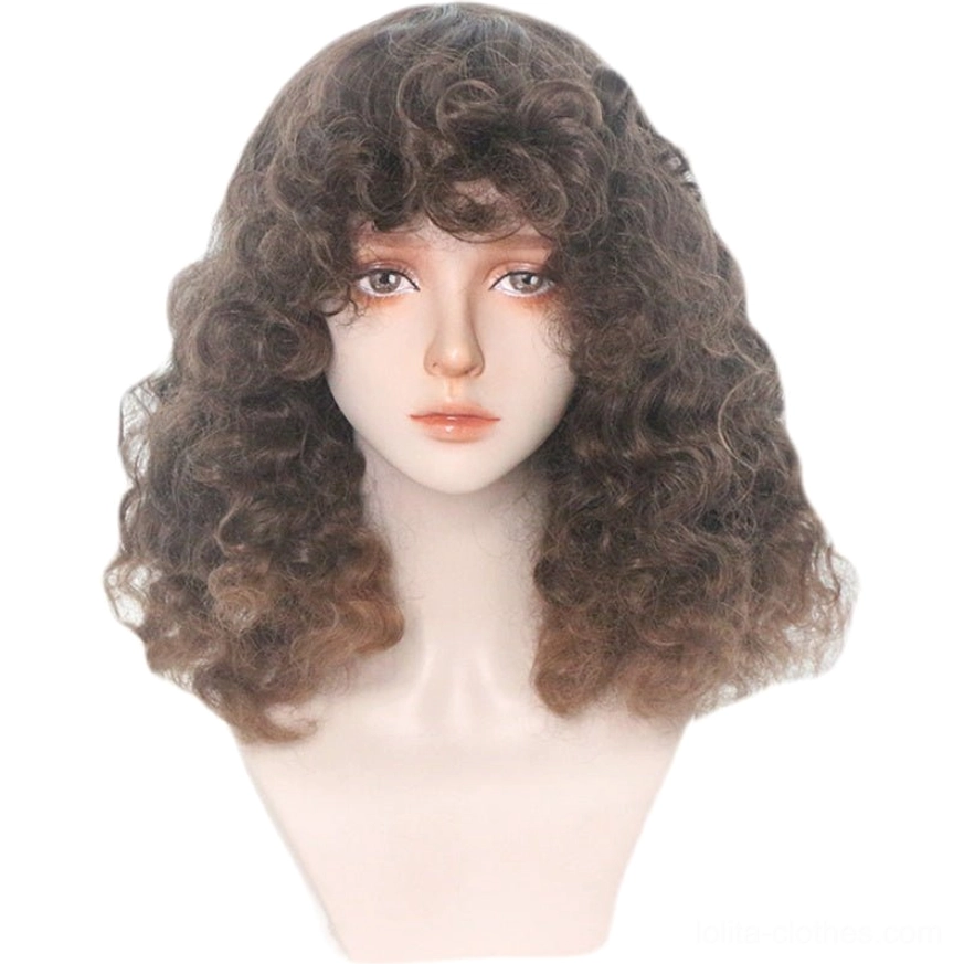 Dark brown short curly bob lolita wig with natural loose curls and full bangs on neutral white background