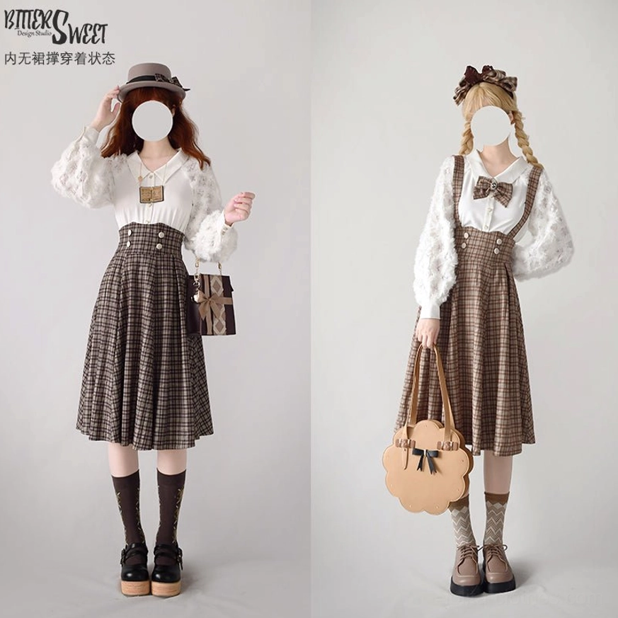 Dark brown tartan Lolita high-waist skirt front three-quarter angle with fedora hat styling, matching blouse, long socks and loafer shoes showcasing classic Lolita aesthetic