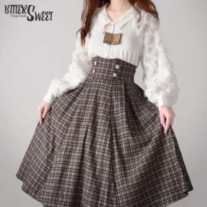 Dark brown plaid tartan Lolita skirt with fishbone boning and super high waist, front full-body shot displaying decorative waistband buttons and pleated silhouette with fuzzy-sleeve blouse styling
