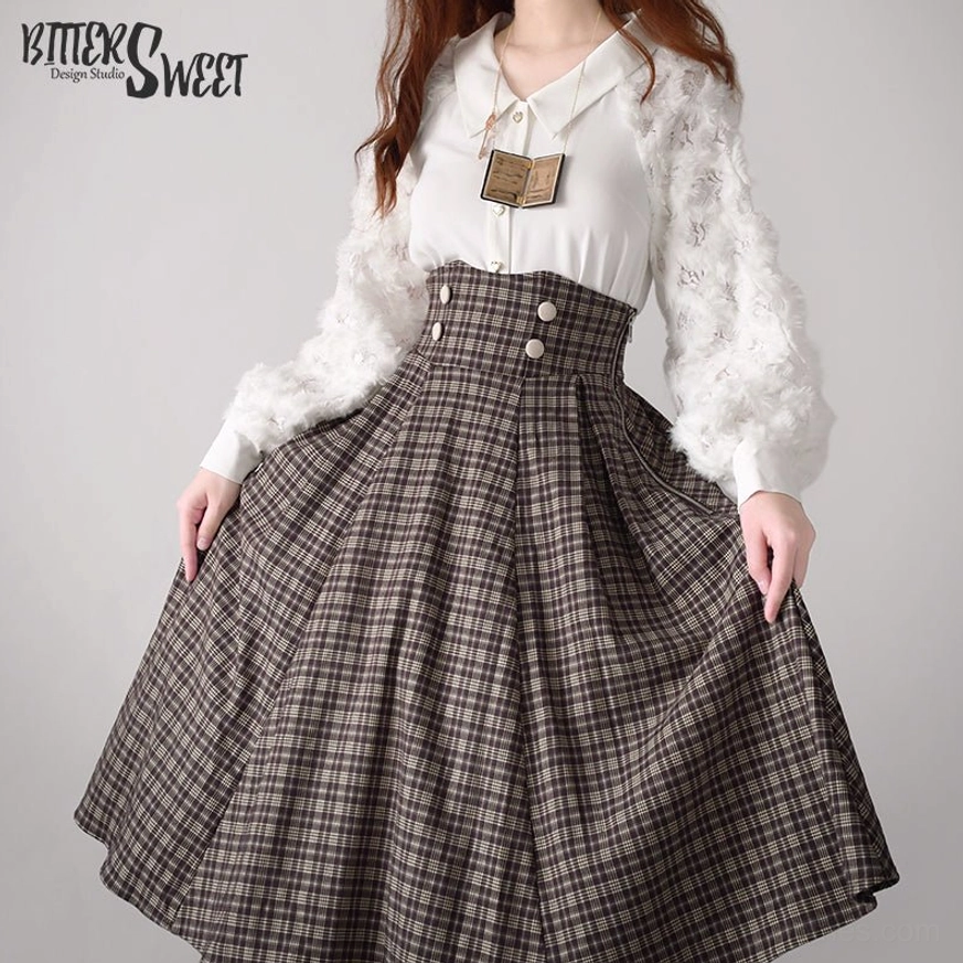 Dark brown plaid tartan Lolita skirt with fishbone boning and super high waist, front full-body shot displaying decorative waistband buttons and pleated silhouette with fuzzy-sleeve blouse styling