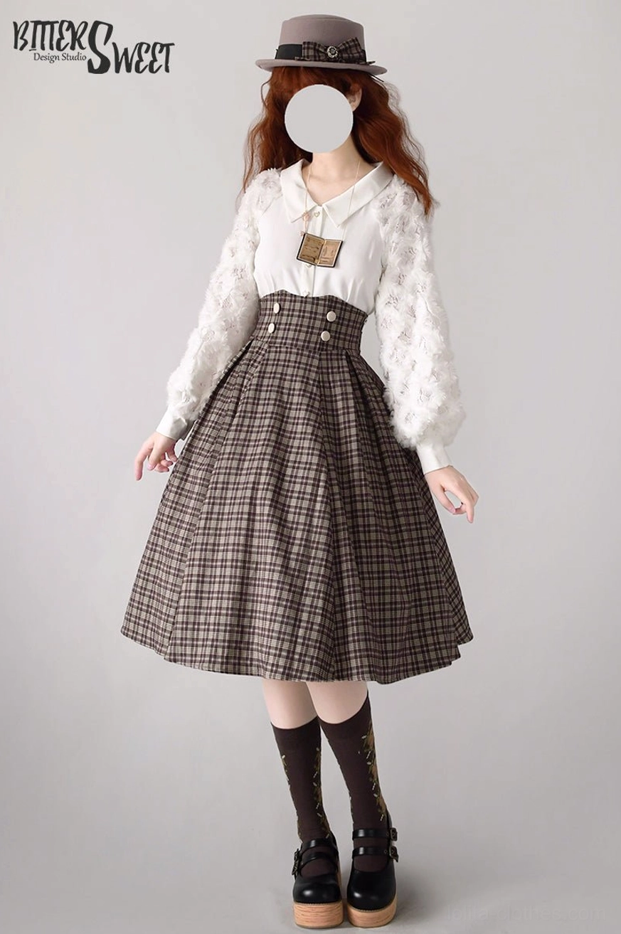 Dark brown tartan Lolita skirt front full-body shot showcasing knee-length pleated silhouette, high-waist structure, fedora hat and classic vintage loafer styling with long socks