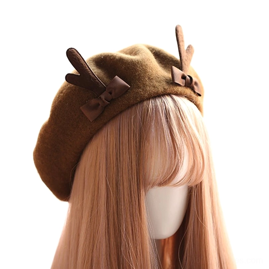 Dark brown wool deer horn beret side angle view lolita fashion accessory structural outline