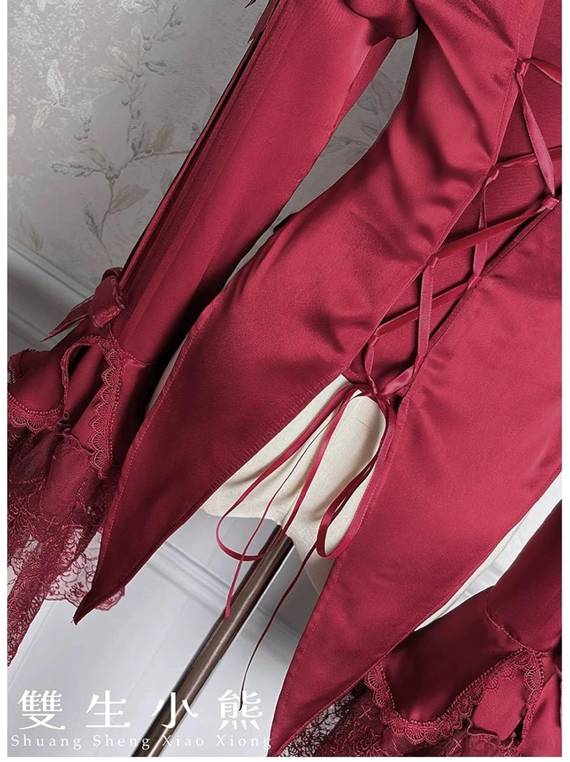 Dark Fog Feast Gothic Lolita multiple color options including royal blue, wine red, black, and white satin blouses displayed together