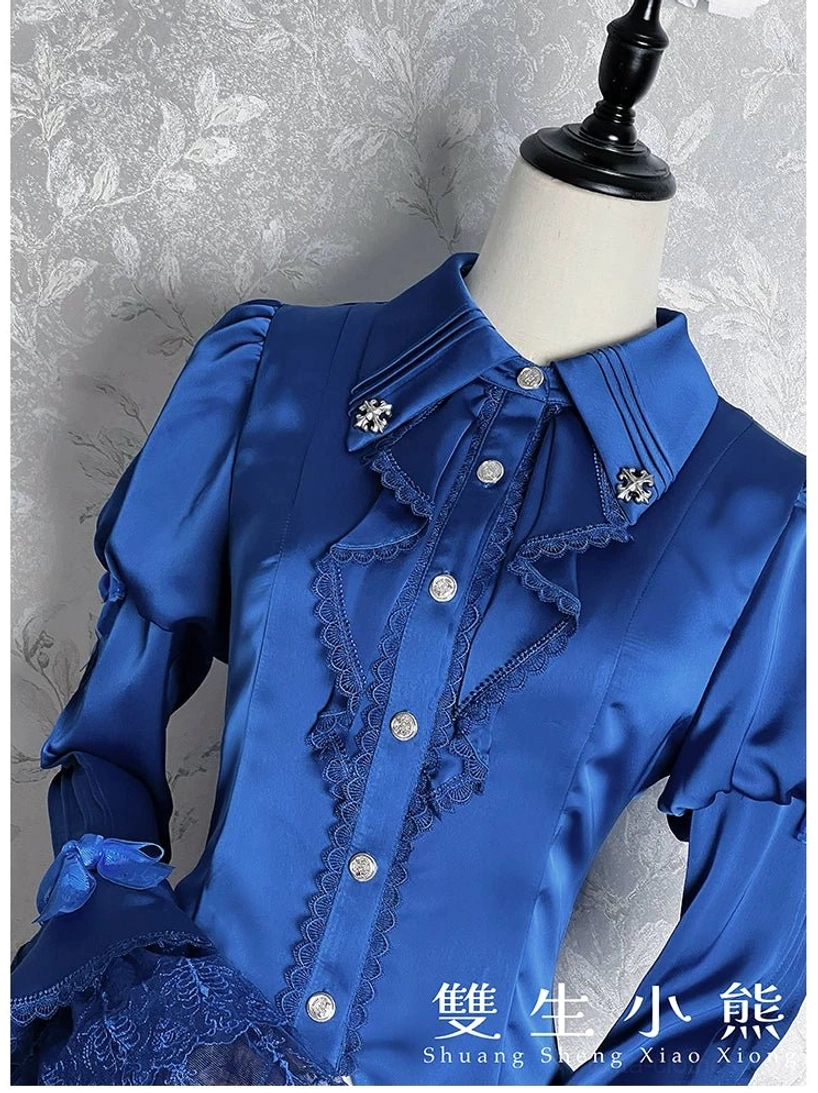 Dark Fog Feast Gothic Lolita blouse full length view showing asymmetrical hem and high-low tail design on dress form mannequin
