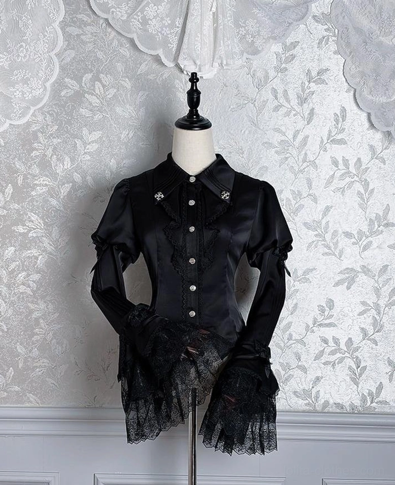 Dark Fog Feast Gothic Lolita blouse in black color front view with pointed collar, front button placket, black lace-trimmed flounced cuffs