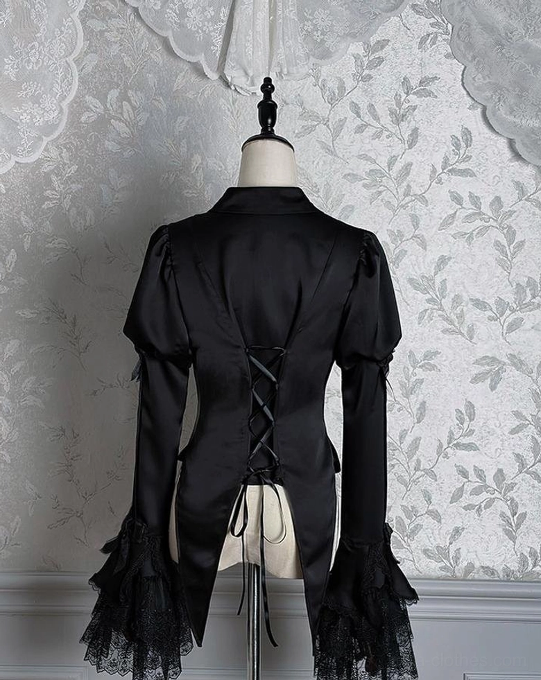 Dark Fog Feast Gothic Lolita black blouse back view with lace-up corset back detailing, black lace-trimmed ruffled cuffs, high-low asymmetrical hem