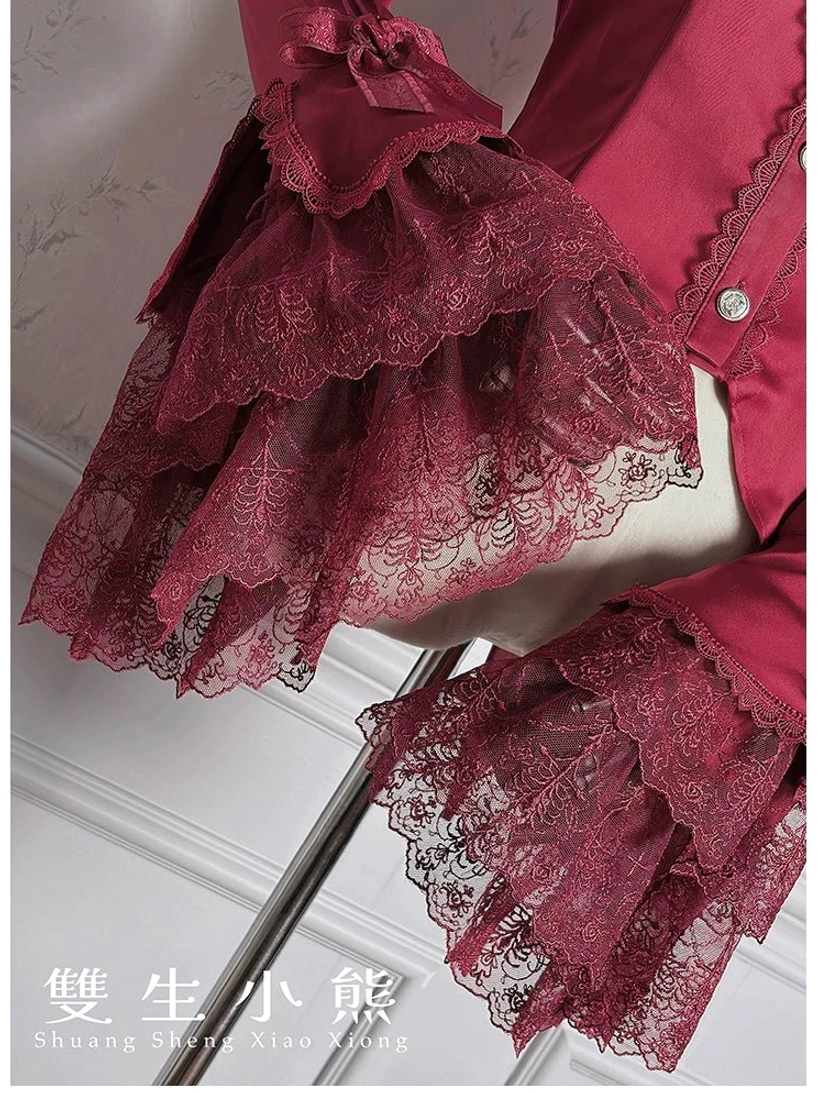 Dark Fog Feast Gothic Lolita blouse size comparison showing multiple sizes from XS to XL on dress form for fit reference