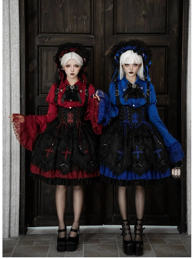 Dark Fog Feast complete Gothic Lolita coordinate sets on models featuring wine red and royal blue satin blouses paired with matching skirts and Gothic accessories