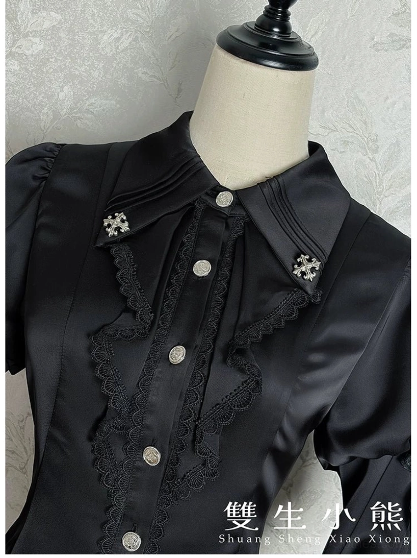Dark Fog Feast Gothic Lolita blouse styled in complete coordinate with high-waisted skirt, stockings, and Victorian-inspired accessories