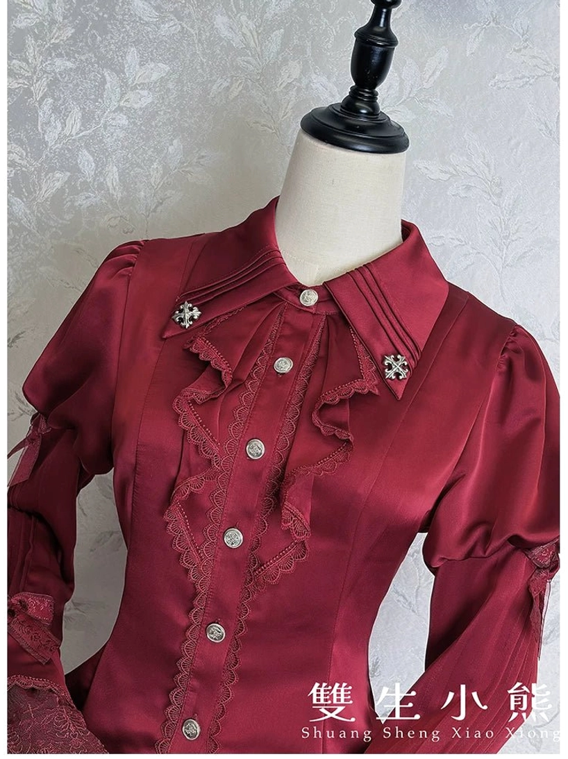 Dark Fog Feast Gothic Lolita blouse cuff detail showing multi-layer lace frills and decorative bow embellishments on satin blouse