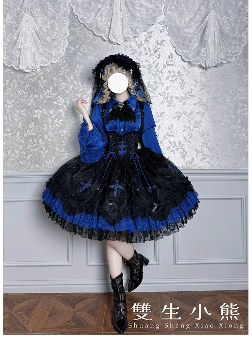 Dark Fog Feast Gothic Lolita blouse close-up detail of hime sleeves, multi-layer lace ruffles, and decorative bow embellishments on satin fabric