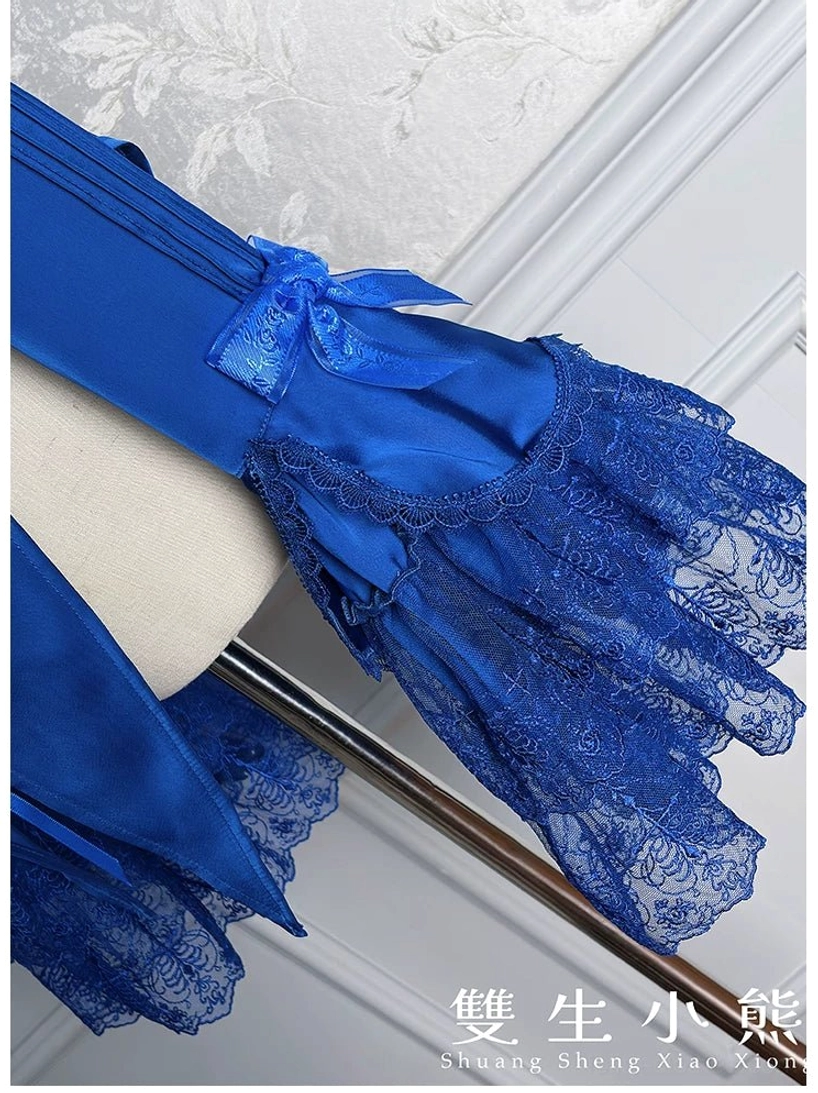 Dark Fog Feast Gothic Lolita blouse on model in royal blue with elegant gothic skirt and Victorian-inspired hair accessories
