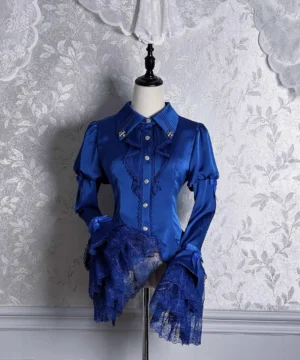 Dark Fog Feast Gothic Lolita satin blouse front view with royal blue color, hime sleeves, pointed collar, decorative bow cuffs, and asymmetrical hem on dress form