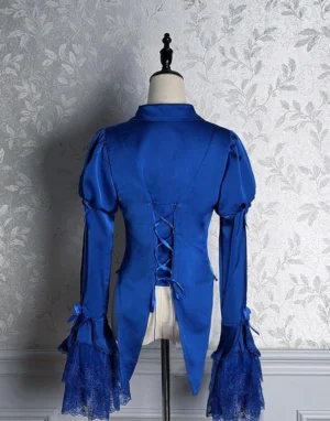 Dark Fog Feast Gothic Lolita blouse back view showing royal blue satin, lace-up corset back detailing, multi-layer ruffled cuffs, and high-low tail hem
