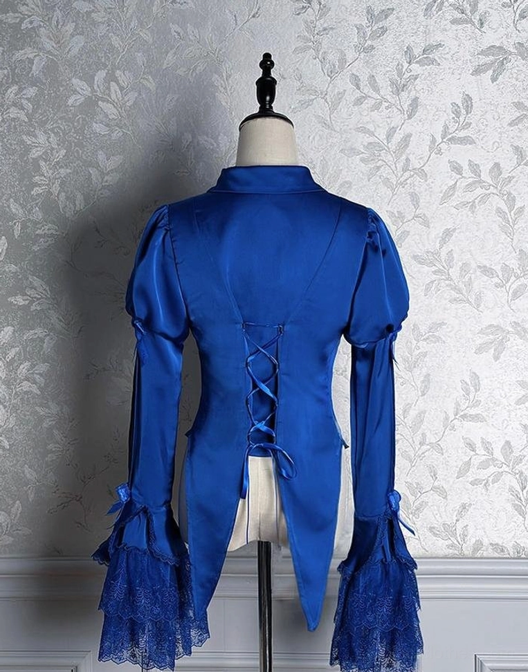 Dark Fog Feast Gothic Lolita blouse back view showing royal blue satin, lace-up corset back detailing, multi-layer ruffled cuffs, and high-low tail hem