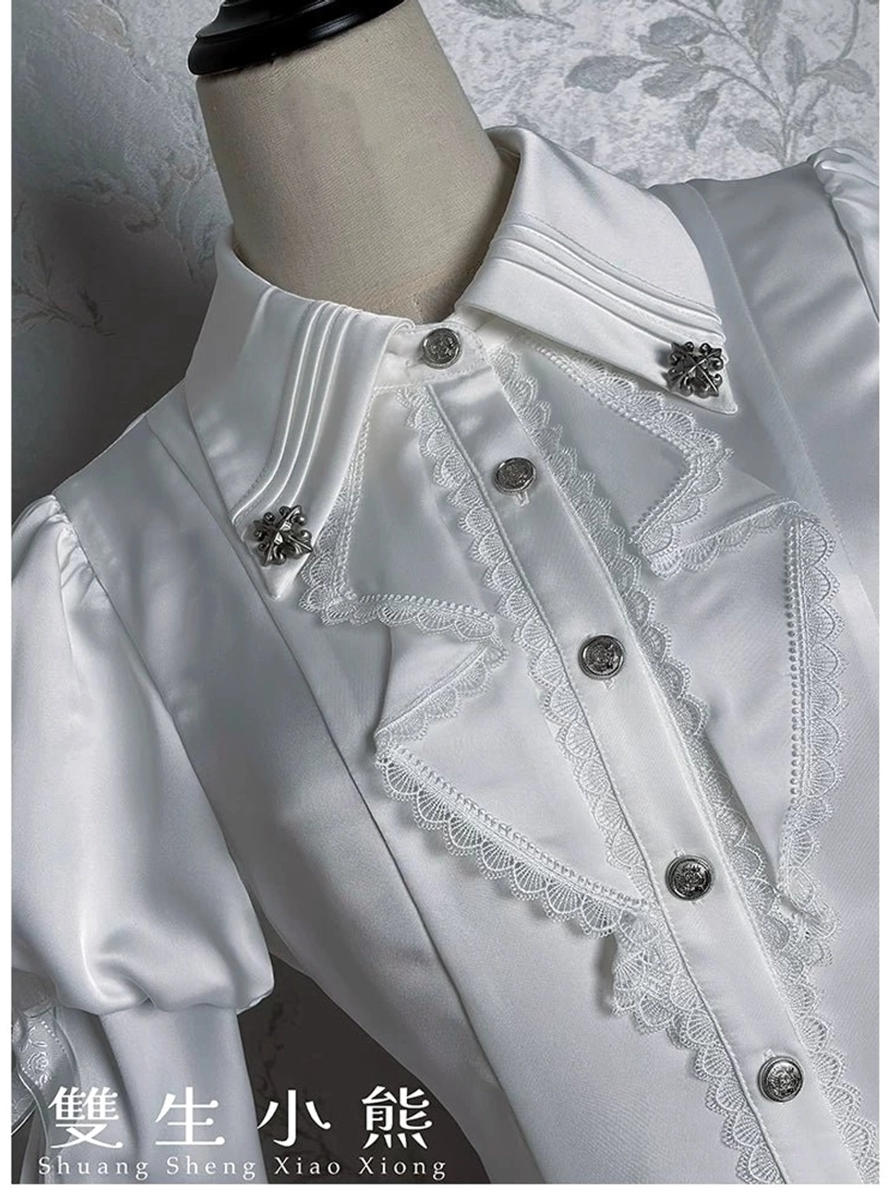 Dark Fog Feast Gothic Lolita satin blouse texture and fabric detail showcasing premium polyester satin lustrous sheen and quality