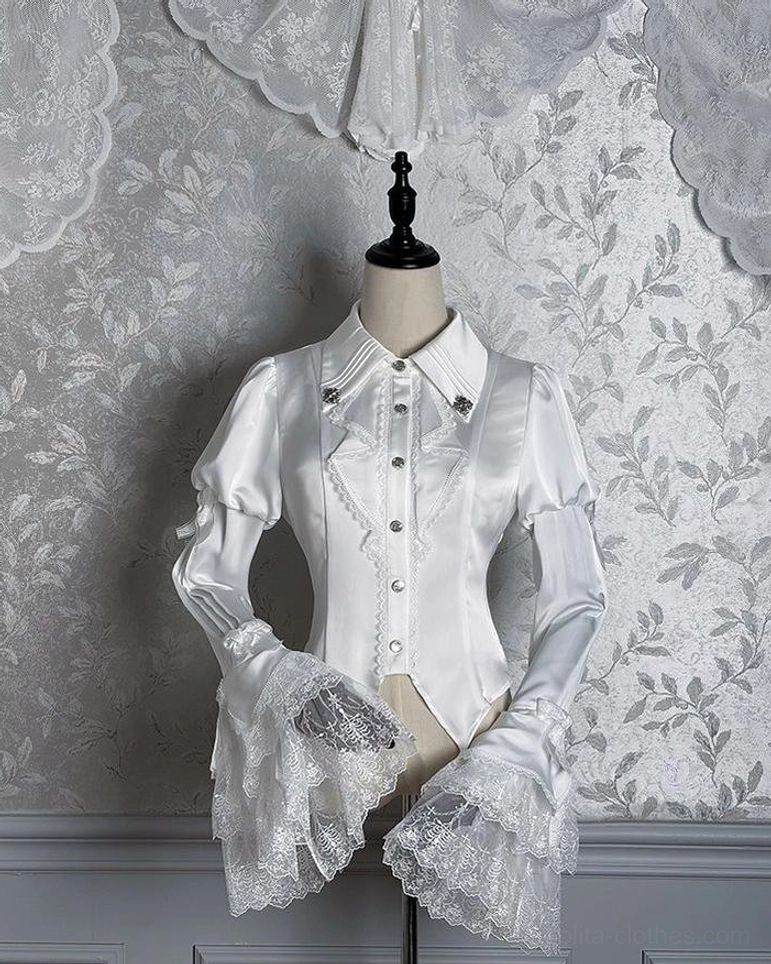 Dark Fog Feast Gothic Lolita blouse front view in white color with oversized lace-trimmed flounced cuffs, pointed collar, decorative brooch accent
