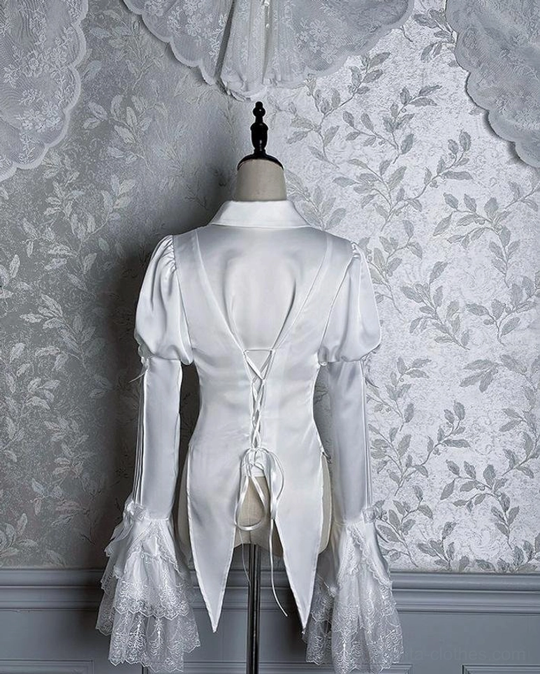 Dark Fog Feast Gothic Lolita white blouse back view showing lace-up corset back, oversized white lace-trimmed ruffled cuffs, high-low tail hem design