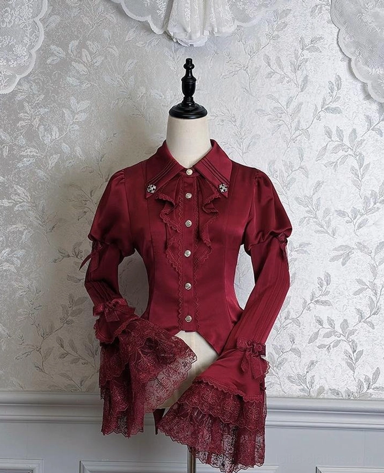Dark Fog Feast Gothic Lolita blouse front view in wine red color with hime sleeves, pointed collar, decorative brooch, lace-trimmed ruffled cuffs