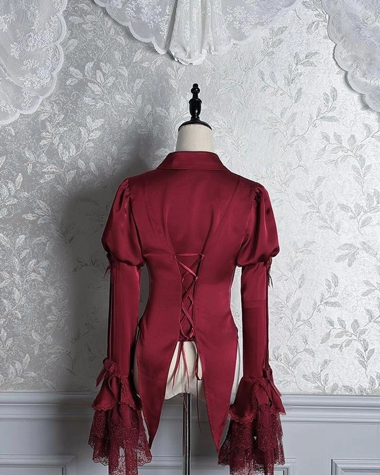 Dark Fog Feast Gothic Lolita wine red blouse back view with lace-up corset detailing, wine red lace-trimmed ruffled cuffs, high-low asymmetrical hem