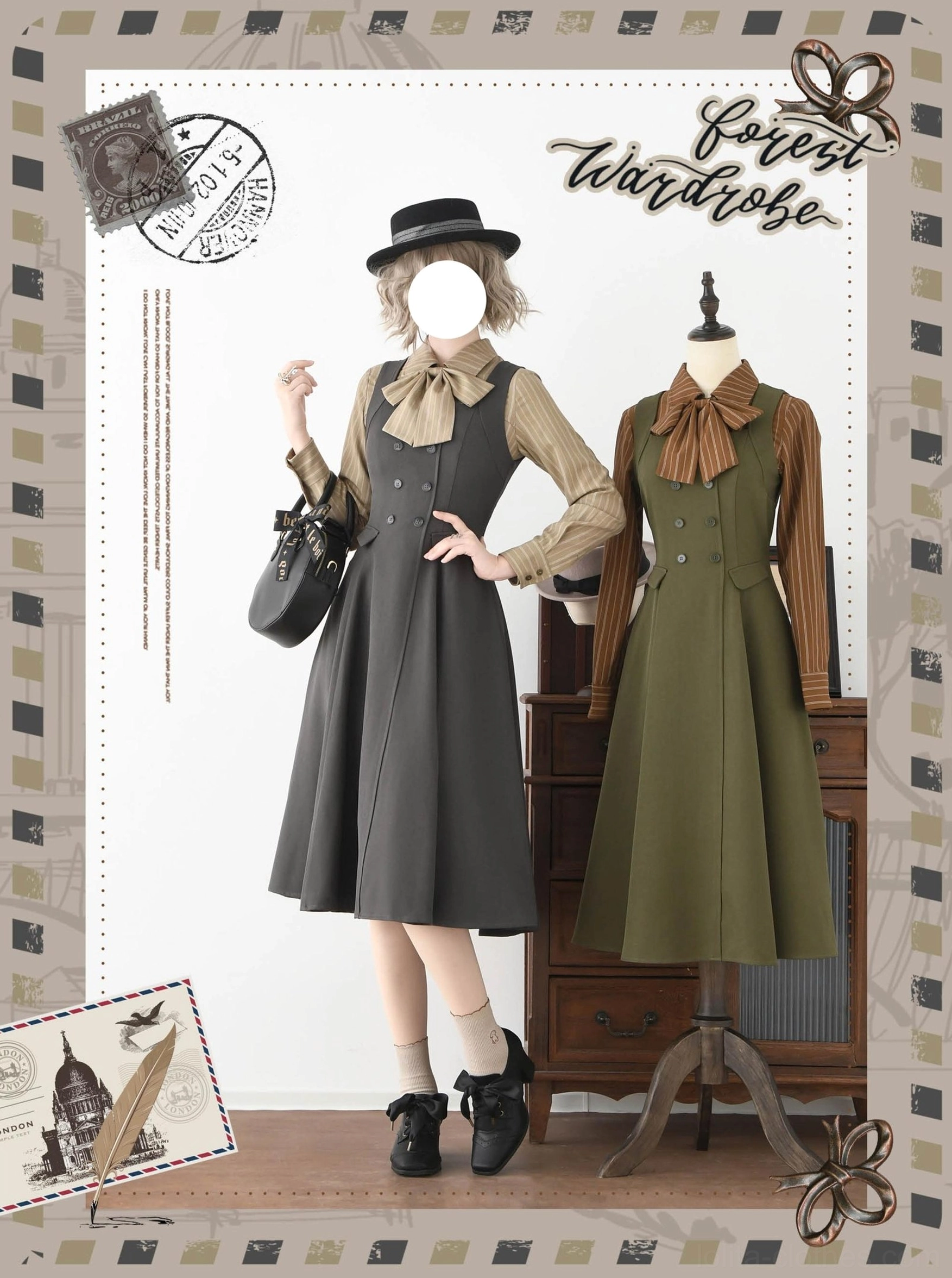 Full body model coordination dark gray Lolita pinafore dress with striped inner blouse, black fedora hat and handbag, vintage studio setting