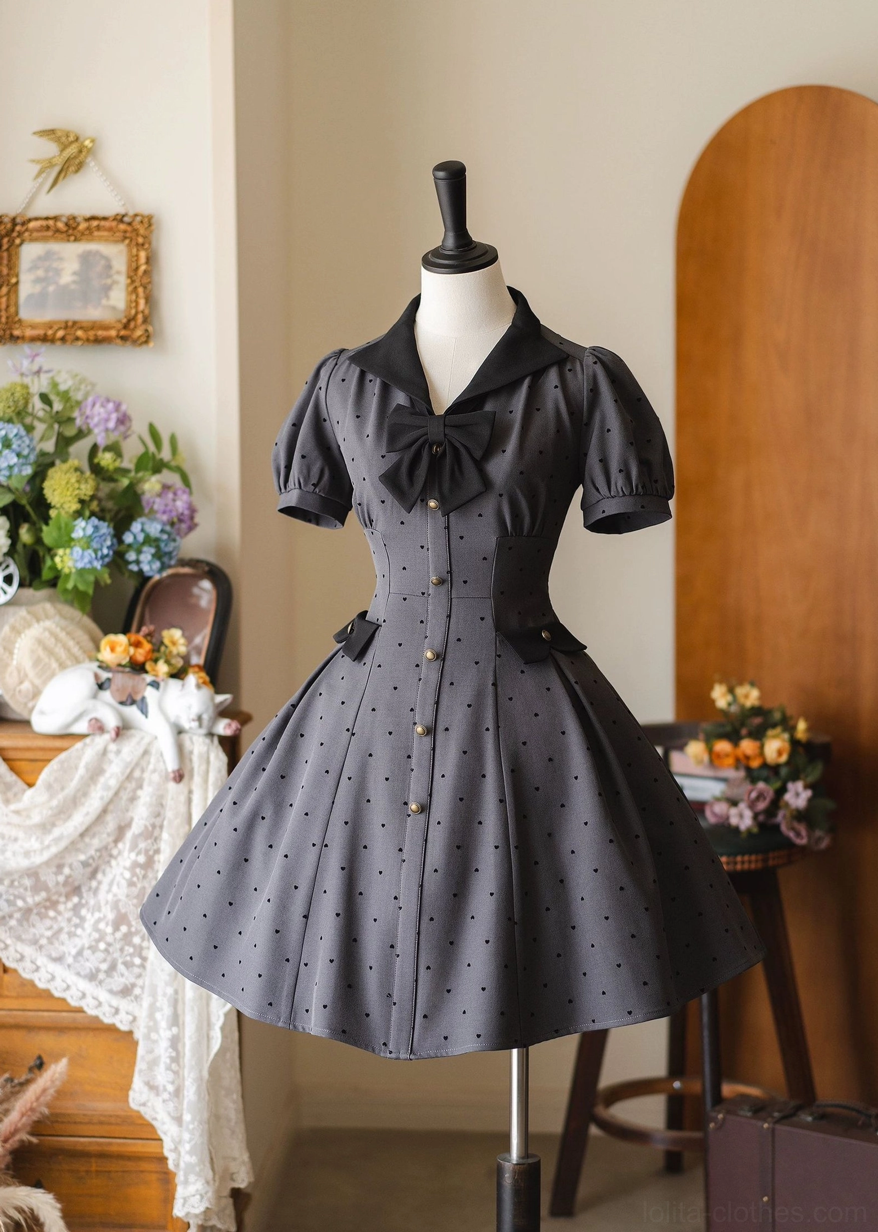 Dark gray polka-dot classic lolita OP dress front mannequin view black contrast collar puff sleeves side pockets a-line skirt vintage aesthetic