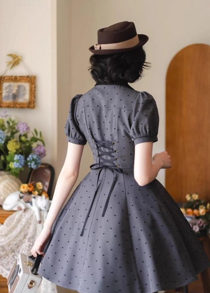 Dark gray polka-dot classic lolita OP dress back view rear perspective mannequin lace-up corset back puff sleeves a-line midi vintage background