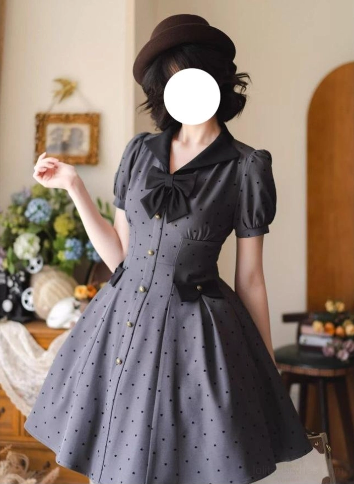 Dark gray polka-dot lolita OP dress half-body wearing effect model gentle pose indoor brown fedora hat gray dress front look