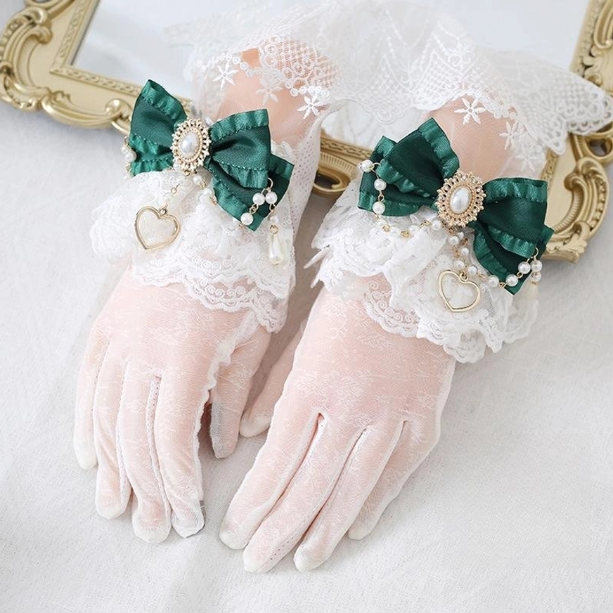 Dark green satin bow vintage lolita lace gloves with gem decor white ruffled cuffs pearl heart charms detachable brooch